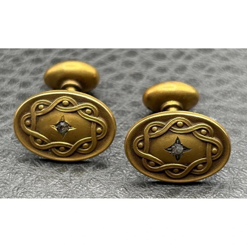 Antique Victorian Gold Filled Cufflinks Paste Stone Star Burst Swirl Bean Back